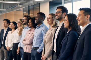 Obraz premium Diverse group of professionals standing in a line in a bright office