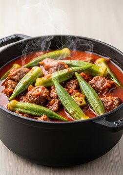 A steaming pot of traditional bamia stew features tender beef pieces and fresh green okra pods simmering in a rich, flavorful tomato sauce, red, beef, fresh