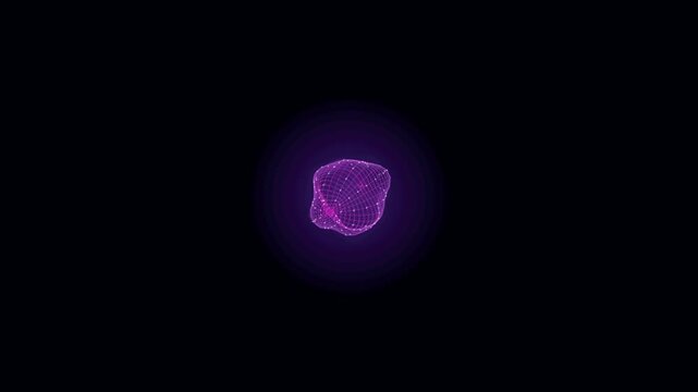 Glowing purple 3D digital wireframe particle mesh sphere morphing on a dark background