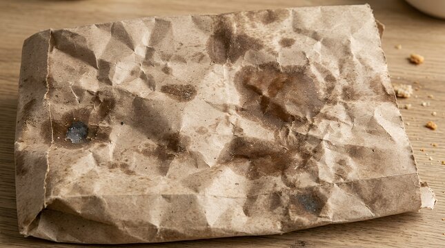 Wrinkled cardboard loaf wrapper displaying oily blotches illustrating culinary storage pulp spoilage grease marks and fibrous sheet surface background crumpled paper bread packaging greasy stains