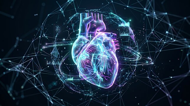 Futuristic glowing three dimensional anatomical heart model surrounded by an intricate digital data network over a dark background heart model virtual digital network dark background 3d light point