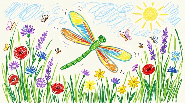 Youthful depicting a colorful insect flying among meadow blossoms rendered in simple colored stick strokes background child drawing butterfly flowers nature pencil art childish style hand drawn kid