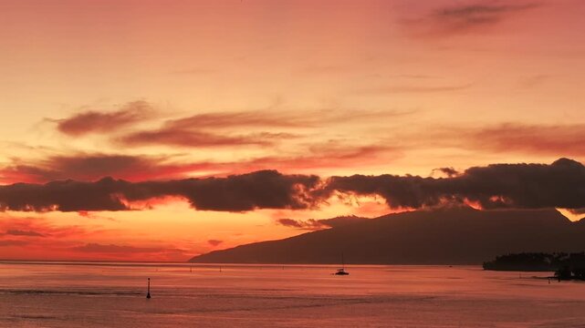 Tahiti golden hour sunset Teahupo'o coralreef surf wave lagoon sailboat coastline aerial drone French Polynesia Mount Orohena South Pacific Ocean island Passe Havea harbor view landscape upwards