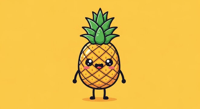 Adorable pineapple cartoon with tiny limbs and a sweet expression poses on a solid bright yellow background, showcasing a happy sunny theme, vitamin, dessert, mascot