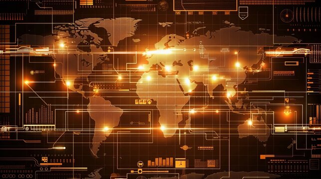 Infographic depicting pipeline network over emerging markets map with brown lines on dark background