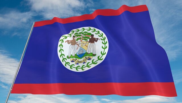Belize Flag Waving on Blue Sky Background