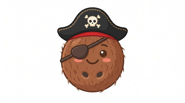 Cute pirate coconut cartoon mascot wearing captain hat and eye patch isolated on white background