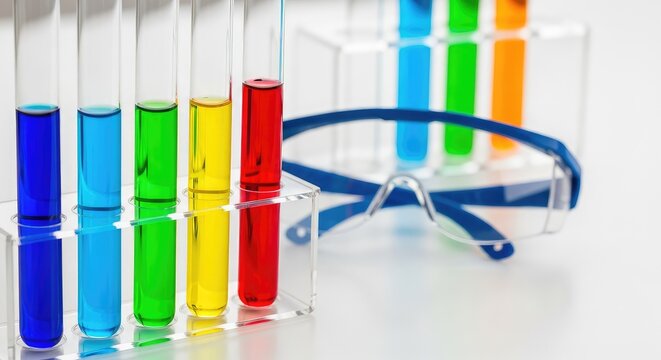 Detailed close up of glass test tubes containing chemical solutions held near protective safety goggles within a modern research laboratory, protection, chemical, research