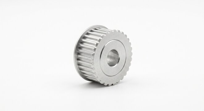 Bare GT2 series timing belt pulley. Solid micro-machined aluminum cylinder with axial teeth and central mounting bore. Precision automation and 3D printing hardware, isolated on white background.