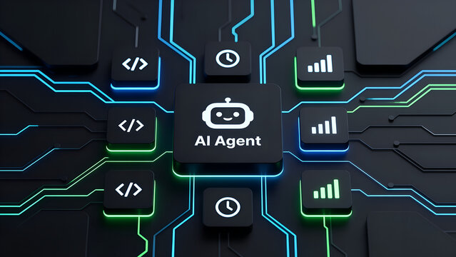 AI Agent Circuit Concept with Integrated Automation Icons