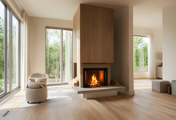 Fototapeta premium Modern living room interior design with fireplace natural light and forest view luxury home architecture and comfortable