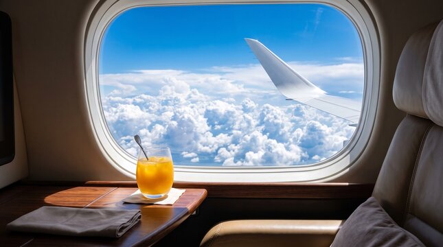 luxury airplane cabin view with orange juice and clouds through window, concept of relaxed travel