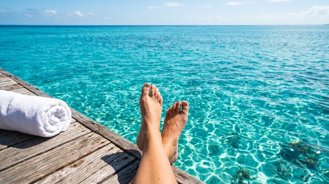 relaxing by the turquoise sea with feet propped on wooden deck, peaceful summer vacation vibes