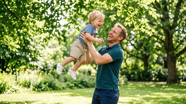 joyful father playing with toddler son in green park on sunny day, concept of family bonding