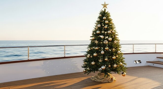 Elegant Christmas tree with gold ornaments stands on a polished wooden yacht deck overlooking calm blue ocean waves during golden hour, ornaments, travel, ocean