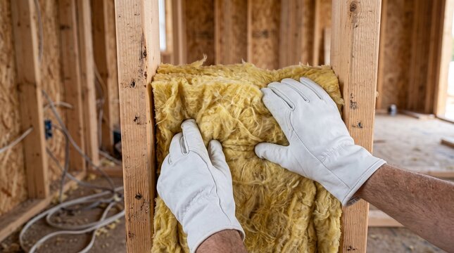 construction worker installing fiberglass insulation in wooden frame of a new home for energy efficiency