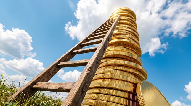 wooden ladder leading to towering stack of gold coins under a bright blue sky symbolizing success
