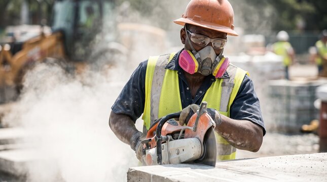 construction worker using chainsaw on concrete slab at dusty construction site