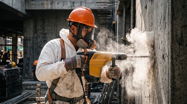 construction worker using power drill on concrete wall at industrial site during daytime