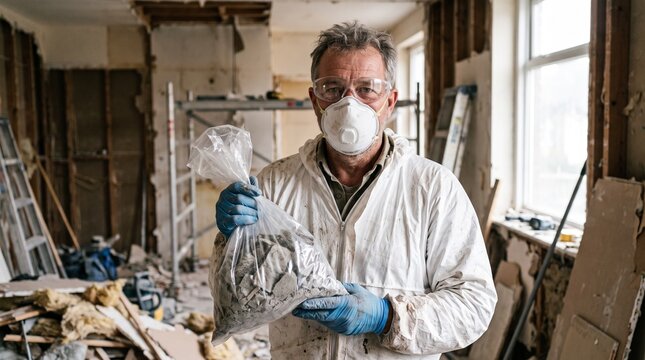 construction worker holding bag of debris in renovated room with protective mask and suit