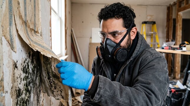 man inspecting moldy wall in renovation project wearing safety gear and gloves
