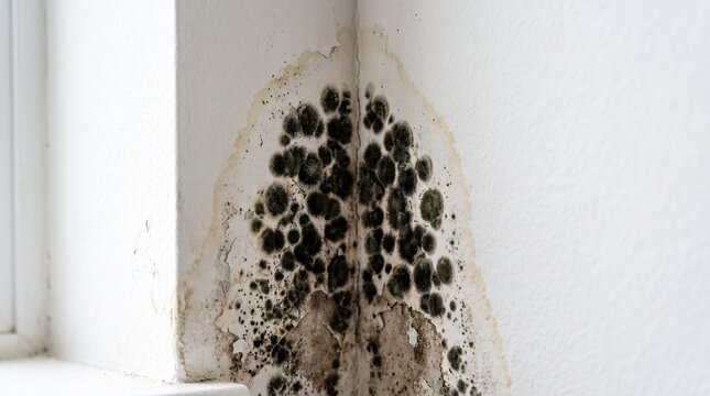black mold growth on white wall corner indicating moisture problem and potential health risk