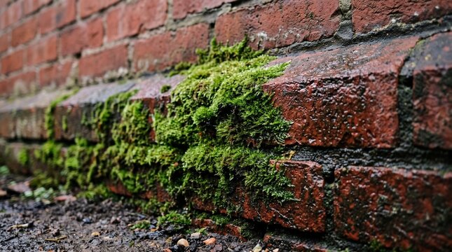 close-up of green moss growing on old brick wall, highlighting nature's resilience