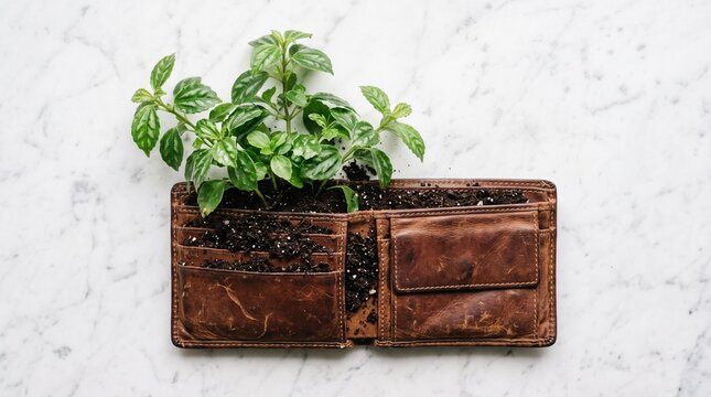 young plant growing from leather wallet on marble surface, concept of financial growth