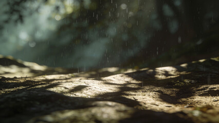 Fototapeta premium Sunlight filtering through trees during a gentle rain in a serene forest