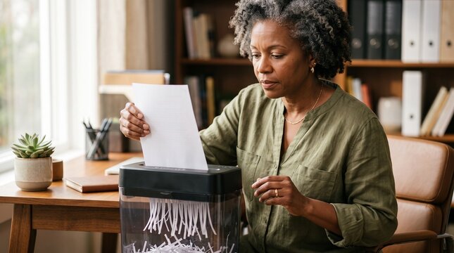 focused african-american woman shredding documents in home office for data protection