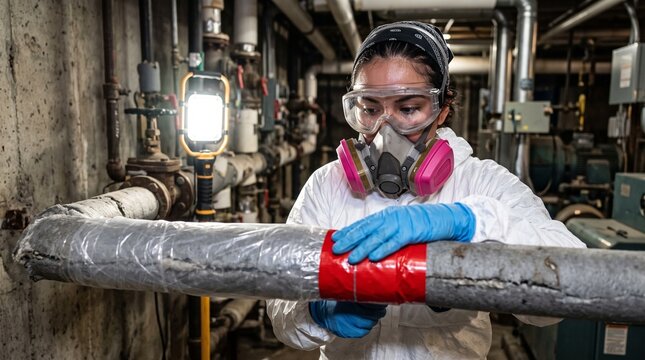worker wearing protective gear repairing pipe in industrial facility, concept of safety and maintenance