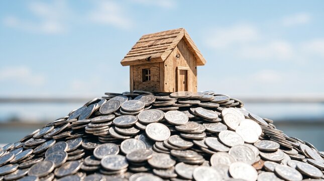 wooden house miniature on pile of coins depicting savings and investment in real estate