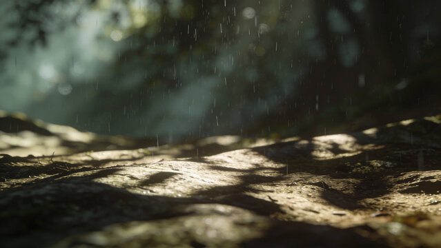 Sunlight filtering through trees during a gentle rain in a serene forest