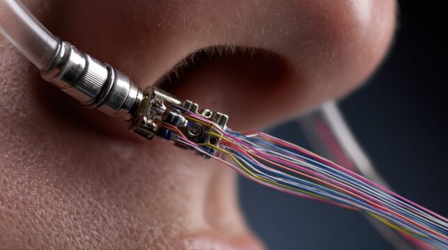 Macro view of nasal airflow sensor with thermistor and pressure transducer cannula indicating directional sensing
