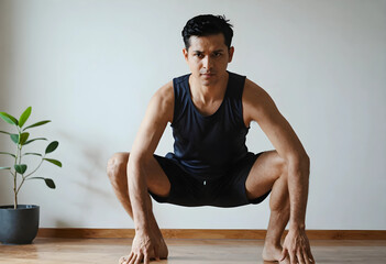 Naklejka premium Fitness and healthy lifestyle, man doing a deep squat exercise at home for strength and wellness