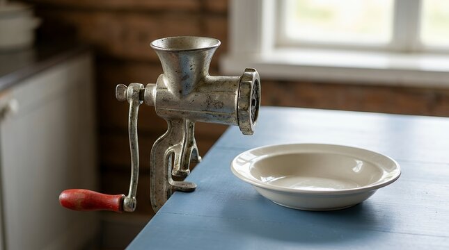 Vintage metallic kitchen mincer tool positioned on a plain blue table beside a clean ceramic dish meat grinder mincer kitchen tool appliance equipment bowl white blue background concept cooking