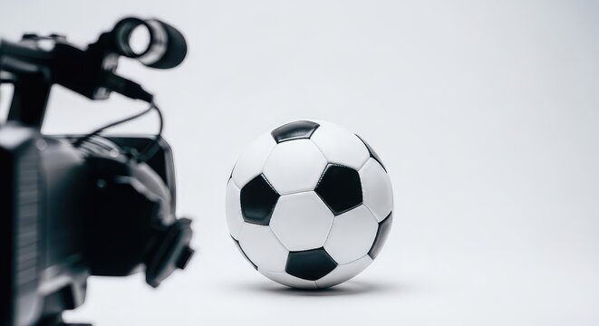 High definition video review camera focuses on a classic black and white soccer ball against a clean studio background for sports replay, review, signal, athletic