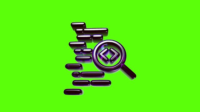 Purple 3d icon of a magnifying glass searching through computer programming code lines for software development