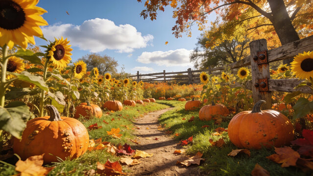 Autumn pumpkin patch with sunflowers and colorful fall foliage in rural farm