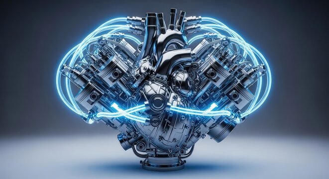Intricate futuristic mechanical heart engine crafted from polished chrome and dark steel with glowing blue light tubes and moving pistons, light, futuristic, silver