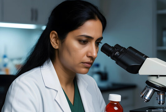 Medical research and scientific discovery, female scientist using a microscope in a laboratory with a medicine bottle