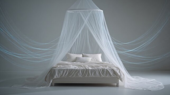 Symbolic representation of a mosquito net over a bed with flow lines indicating blocked insect paths for protection