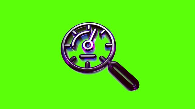 Purple neon magnifying glass icon with a speedometer gauge symbol inside for performance search analysis