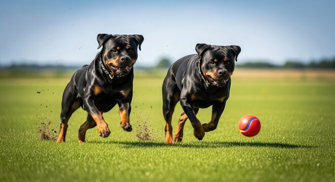 Two powerful rottweilers sprint together across a bright green field, their eyes fixed on a rolling ball during a fast paced game of fetch, fetch, action, pets