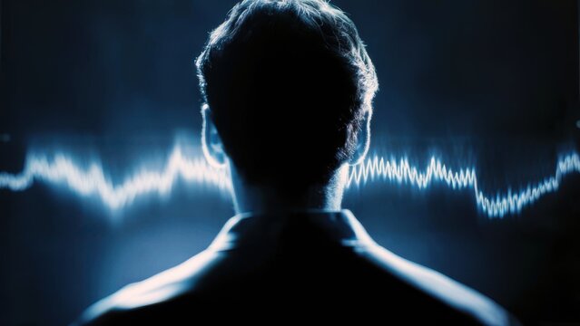 Rear view of a man listening to audio sound wave frequencies visualized on a glowing digital screen display