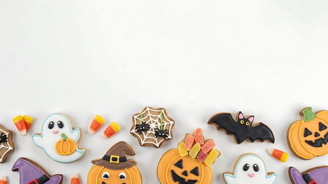 Halloween cookies and colorful spooky treats on white background