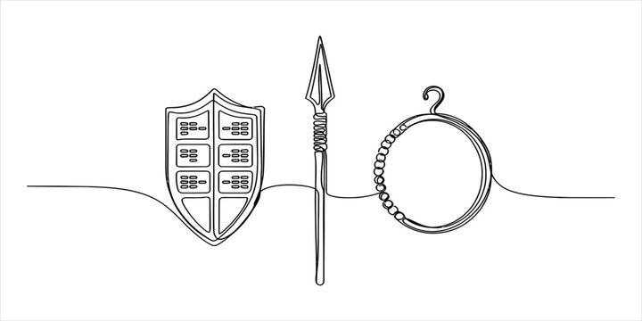 Continuous single line drawing of a metal shield a sharp spear and a beaded necklace jewelry accessory as a set of ancient warrior equipment and items