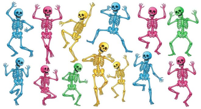 Vibrant watercolor sketches of happy multicolored skeletons dancing on a white background. Playful bone figures move with festive energy, festive, vibrant, multicolored
