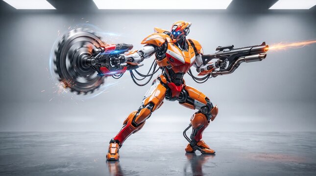 Futuristic orange warrior robot armed with spinning buzzsaw blade and laser rifle in studio setting