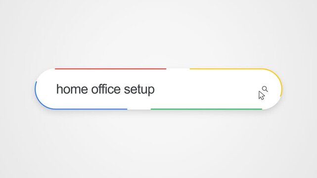 Close-up view of typing "home office setup" into an online search bar with a cursor clicking the search icon, illustrating internet search and remote workspace research